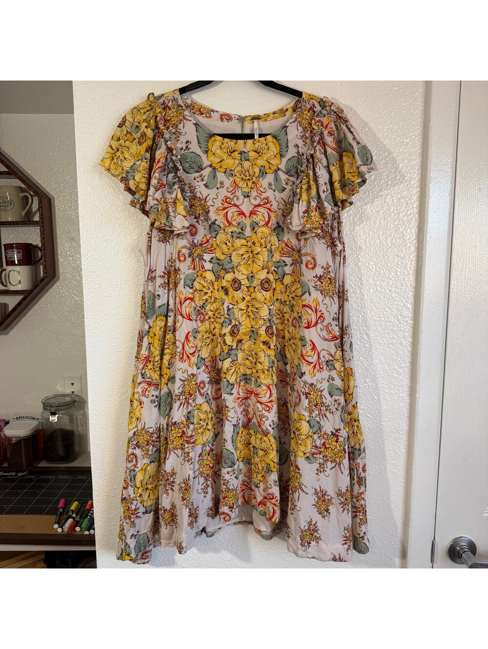 Free People Yara Mini Dress Floral Boho Ruffle Sleeve Yellow Tea Combo L
